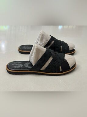 SOREL Ella Crisscross Black Leather Slide Sandals 9